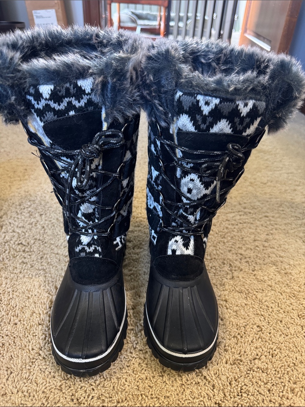 Muk Luks Black and White Knit Faux-Fur Winter Boots
